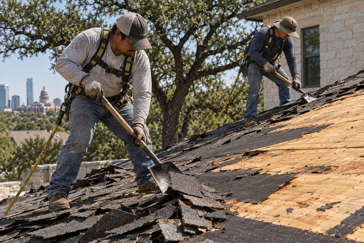 Austin Roofing Company crew tearing old shingles down to the plywood deck on a house in Austin