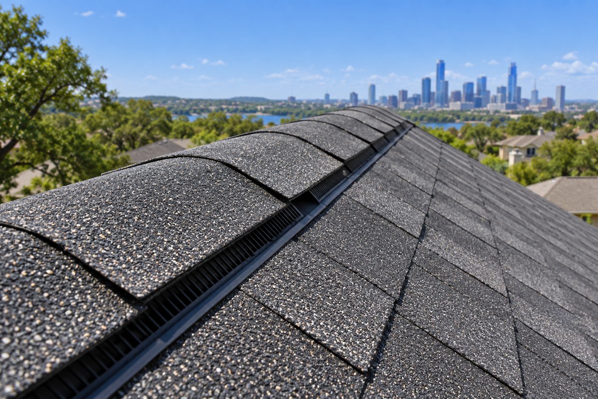 New ridge vent and cap shingles running along the peak of a freshly replaced roof