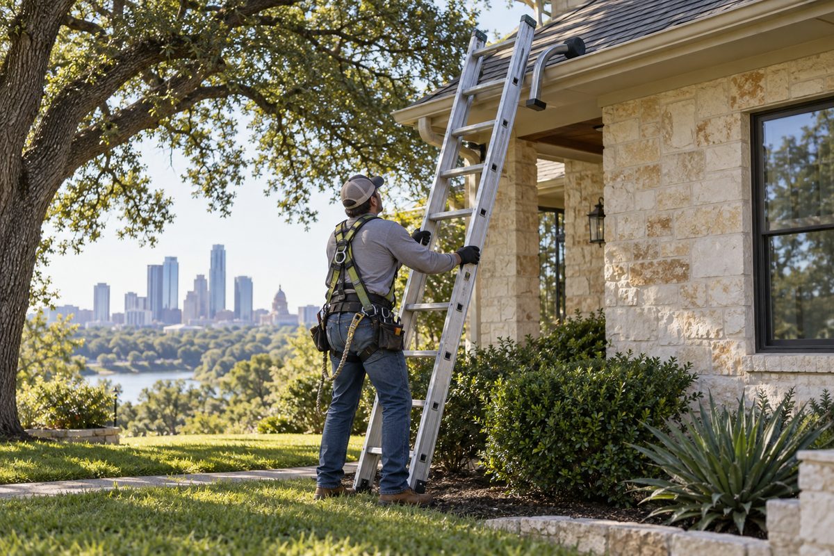 Roofer setting an extension ladder against the eave of an Austin house before going up to inspect