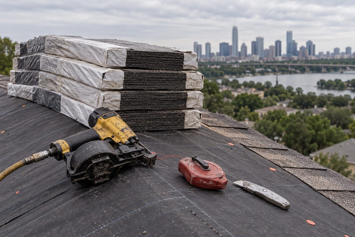 Shingle bundles, a nailer and a chalk line staged on a roof ready for installation