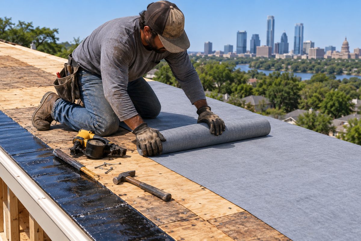 Roofer rolling out synthetic underlayment over repaired plywood decking during a roof replacement